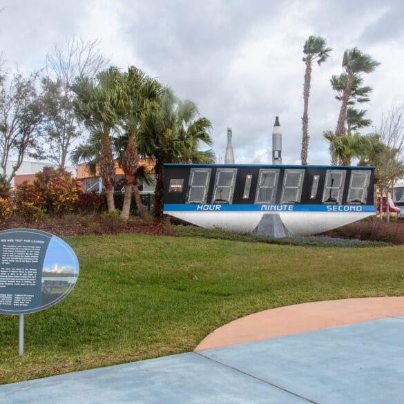 The countdown clock that was at the Kennedy Space Center media area for many years now sits outside of the Visitors Center