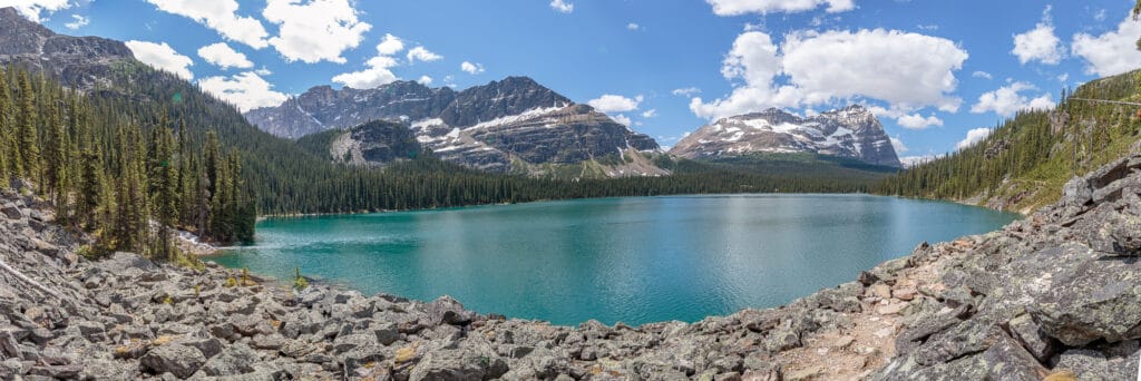 A panoramic photo of Lake O'Hara in Yoho National Park, Field, British Columbia, Canada