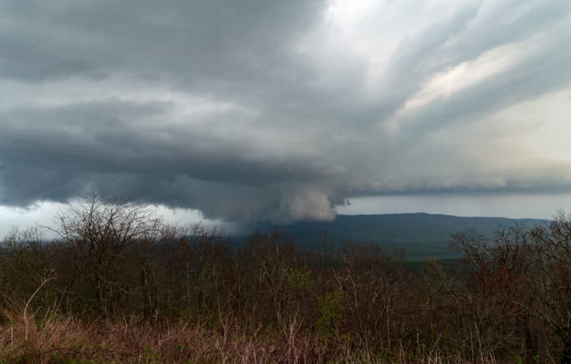 A supercell travels across eastern Oklahoma as viewed from Talimena Scenic Drive.