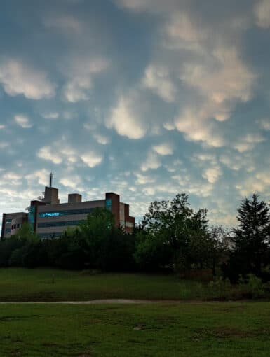 A mammatus sunset at the National Weather Center in Norman, Oklahoma