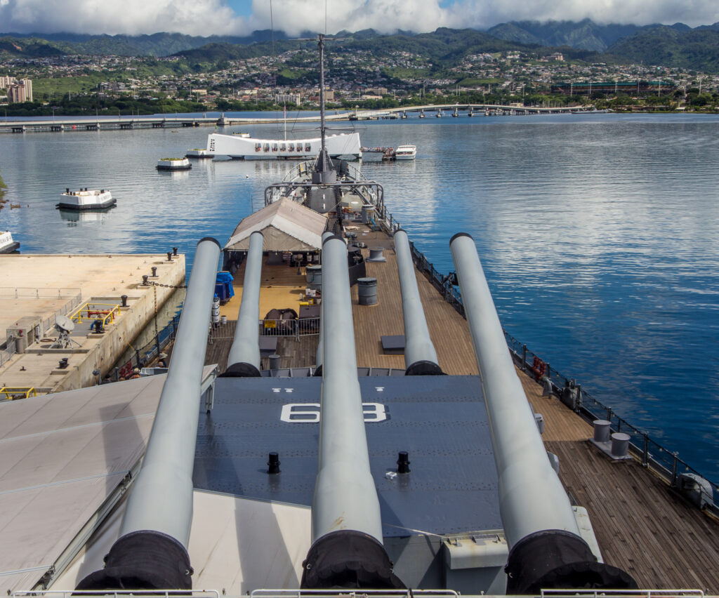 USS Missouri overlooking the USS Arizona Memorial