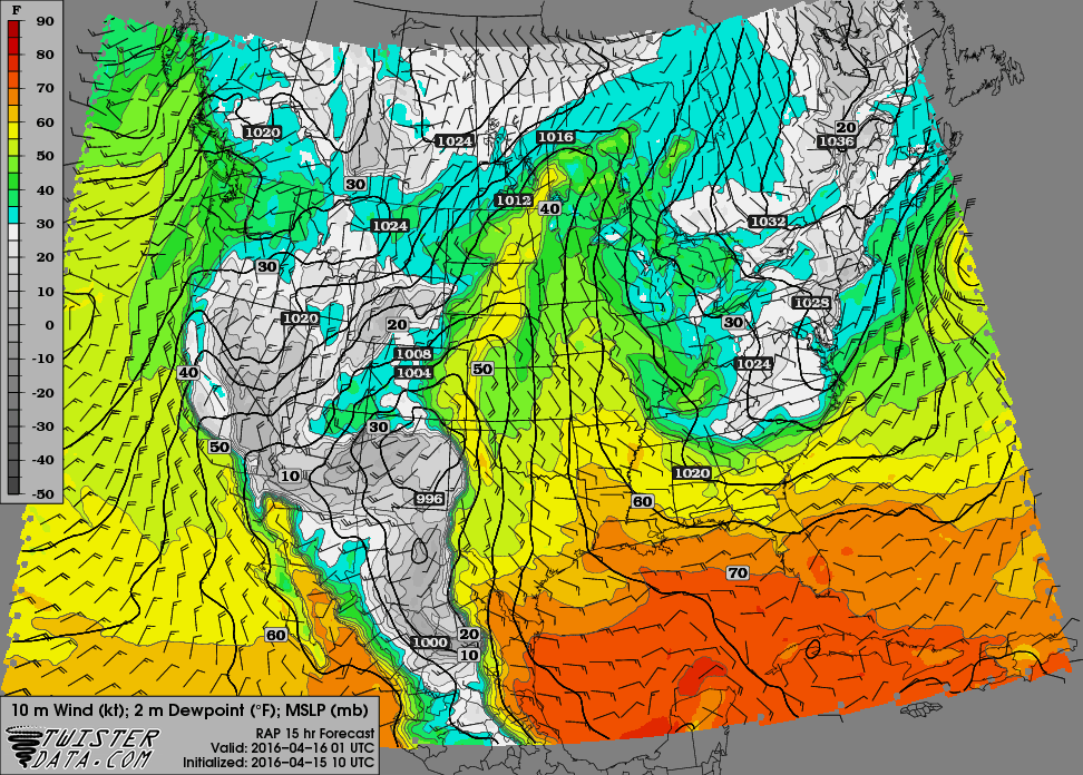 RAP Dewpoint map from Twisterdata for April 15, 2016 at 8pm CDT